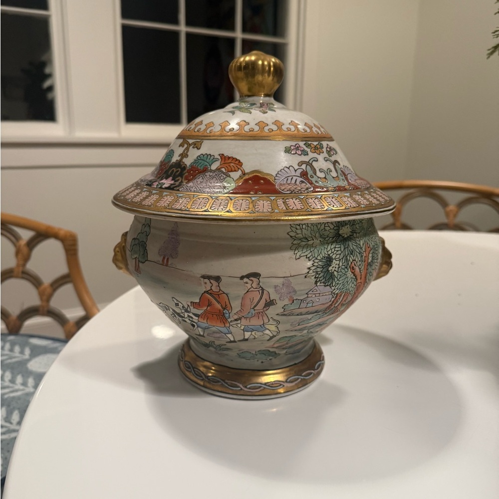 Decorative Ceramic Lidded Bowl with Gold Accents